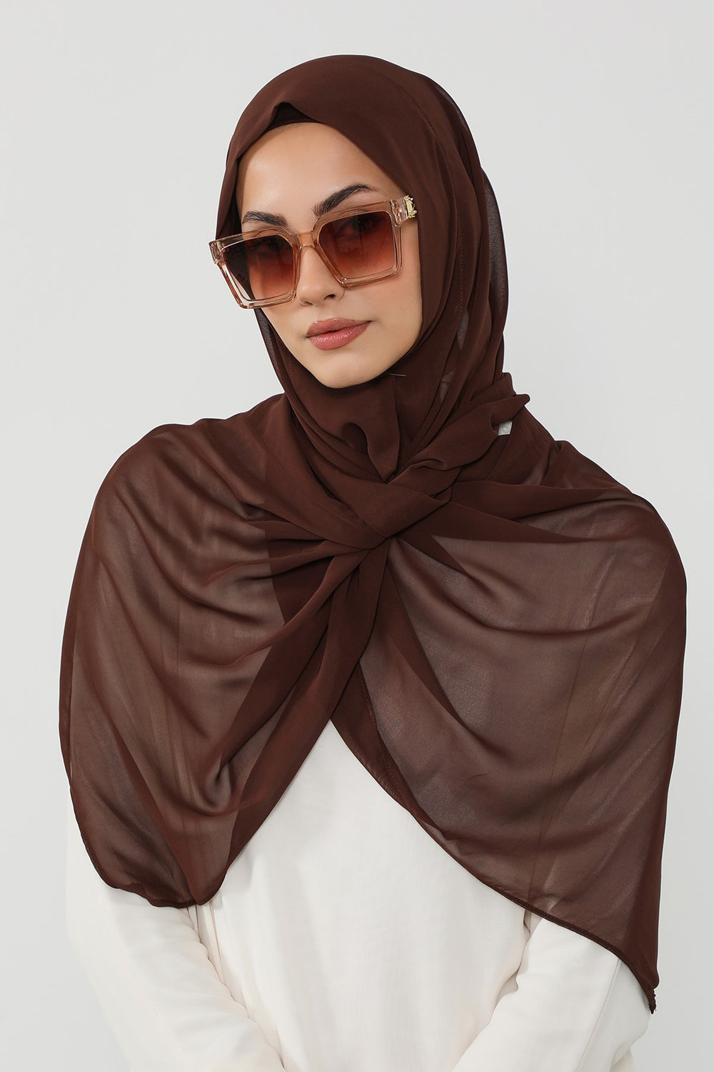 Instant Wear Hijab with Built-In Bonnet, Lightweight Chiffon Headscarf, One Piece Modest Headwear,PS-48 Brown