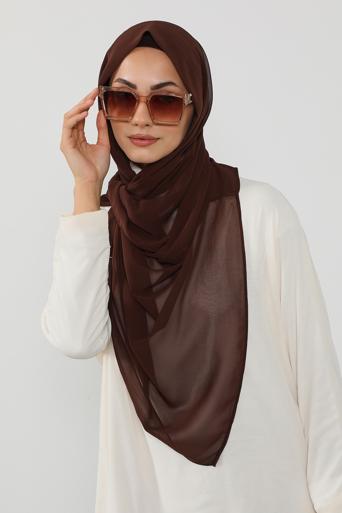 Instant Wear Hijab with Built-In Bonnet, Lightweight Chiffon Headscarf, One Piece Modest Headwear,PS-48 Brown