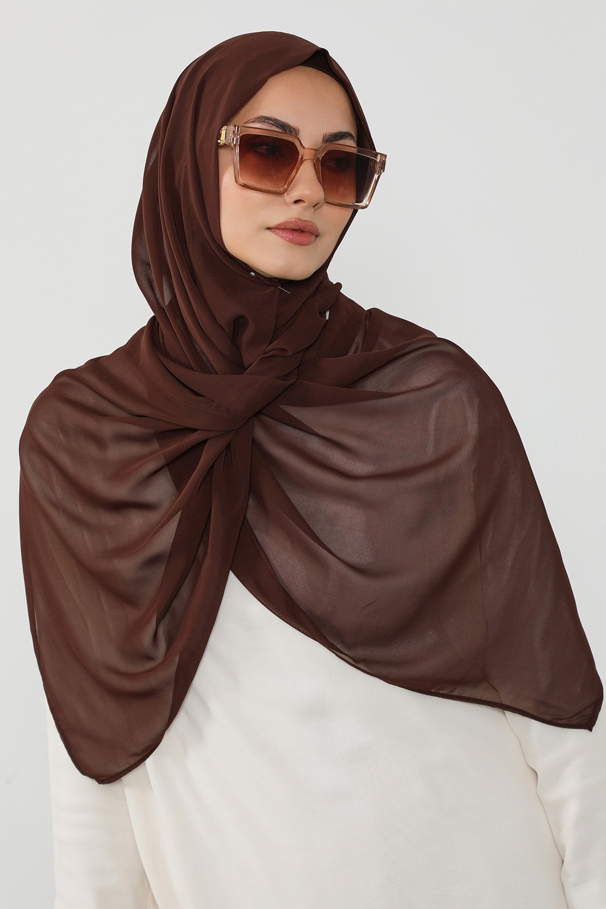 Instant Wear Hijab with Built-In Bonnet, Lightweight Chiffon Headscarf, One Piece Modest Headwear,PS-48 Brown