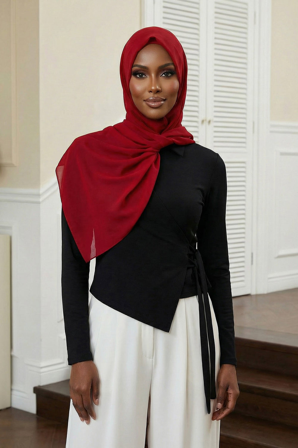 Instant Wear Hijab with Built-In Bonnet, Lightweight Chiffon Headscarf, One Piece Modest Headwear,PS-48 Maroon