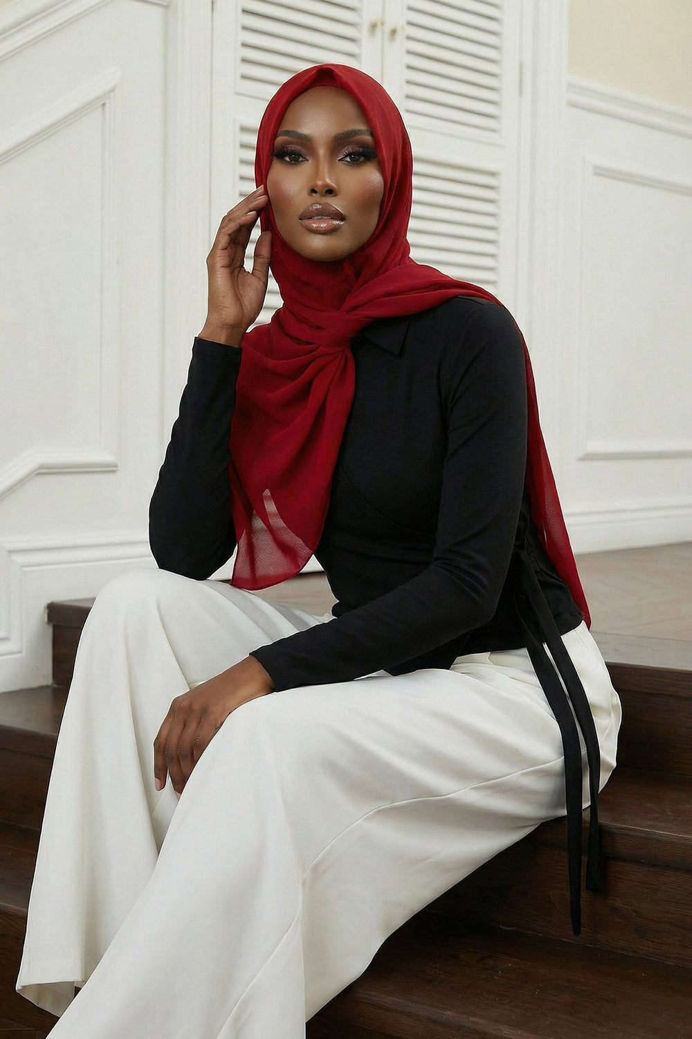 Instant Wear Hijab with Built-In Bonnet, Lightweight Chiffon Headscarf, One Piece Modest Headwear,PS-48 Maroon