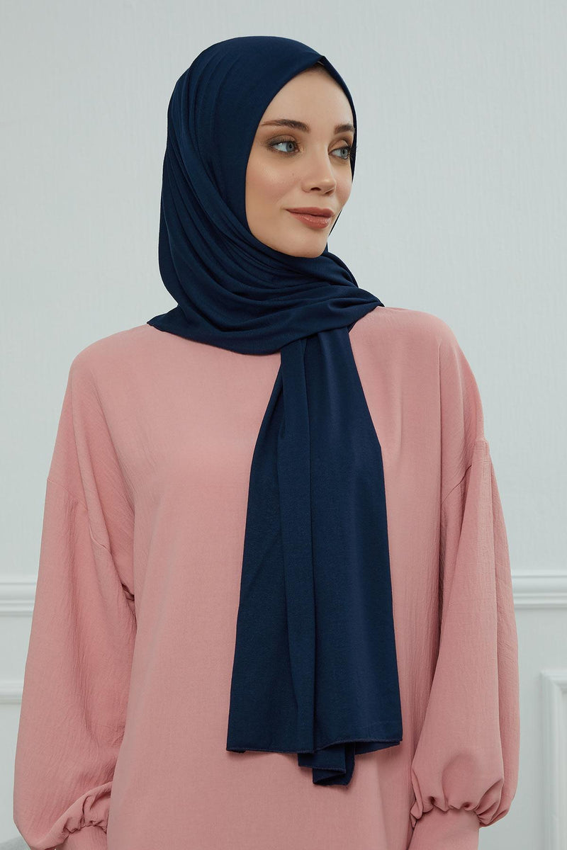 Jersey Cotton Shawl for Women Modesty, Head Wrap Turban, Cap Headwear Rectangle Combed Cotton Hijab,CTS-5 Navy Blue