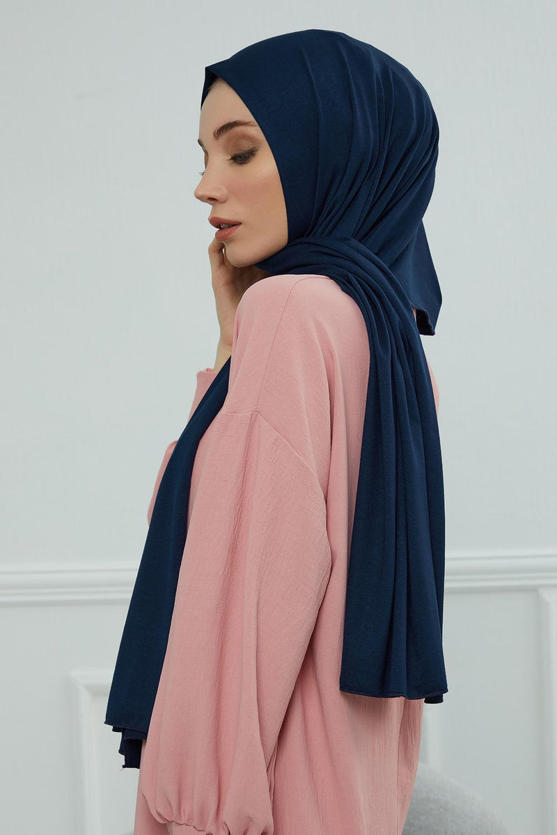 Jersey Cotton Shawl for Women Modesty, Head Wrap Turban, Cap Headwear Rectangle Combed Cotton Hijab,CTS-5 Navy Blue
