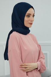 Jersey Cotton Shawl for Women Modesty, Head Wrap Turban, Cap Headwear Rectangle Combed Cotton Hijab,CTS-5 Navy Blue