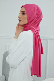 Jersey Cotton Shawl for Women Modesty, Head Wrap Turban, Cap Headwear Rectangle Combed Cotton Hijab,CTS-5 Fuchsia