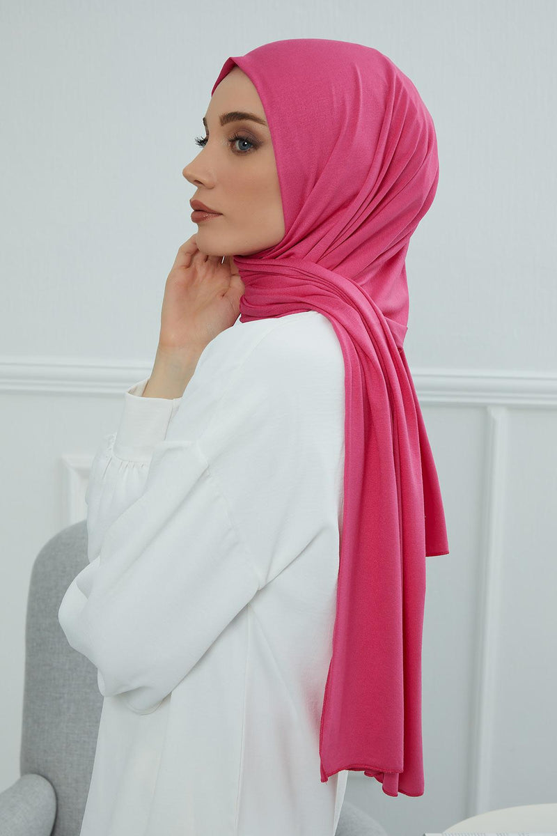 Jersey Cotton Shawl for Women Modesty, Head Wrap Turban, Cap Headwear Rectangle Combed Cotton Hijab,CTS-5 Fuchsia