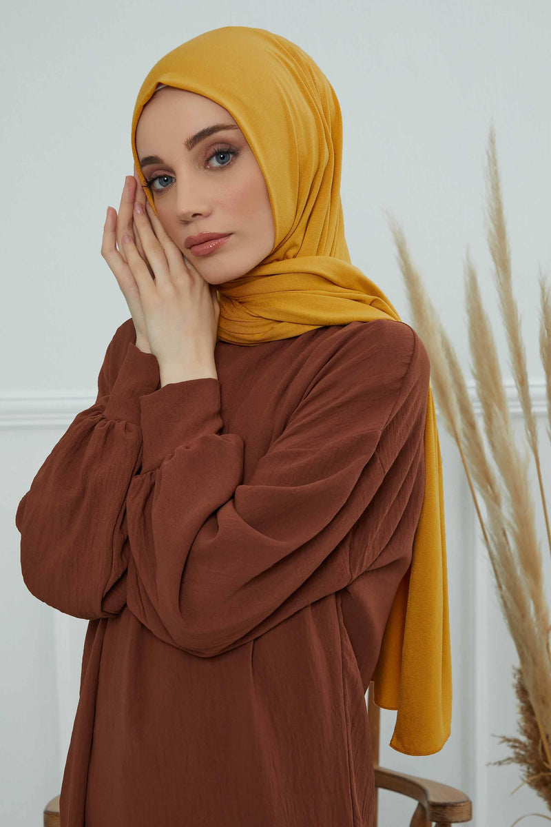 Jersey Cotton Shawl for Women Modesty, Head Wrap Turban, Cap Headwear Rectangle Combed Cotton Hijab,CTS-5 Mustard Yellow