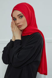 Jersey Cotton Shawl for Women Modesty, Head Wrap Turban, Cap Headwear Rectangle Combed Cotton Hijab,CTS-5 Red