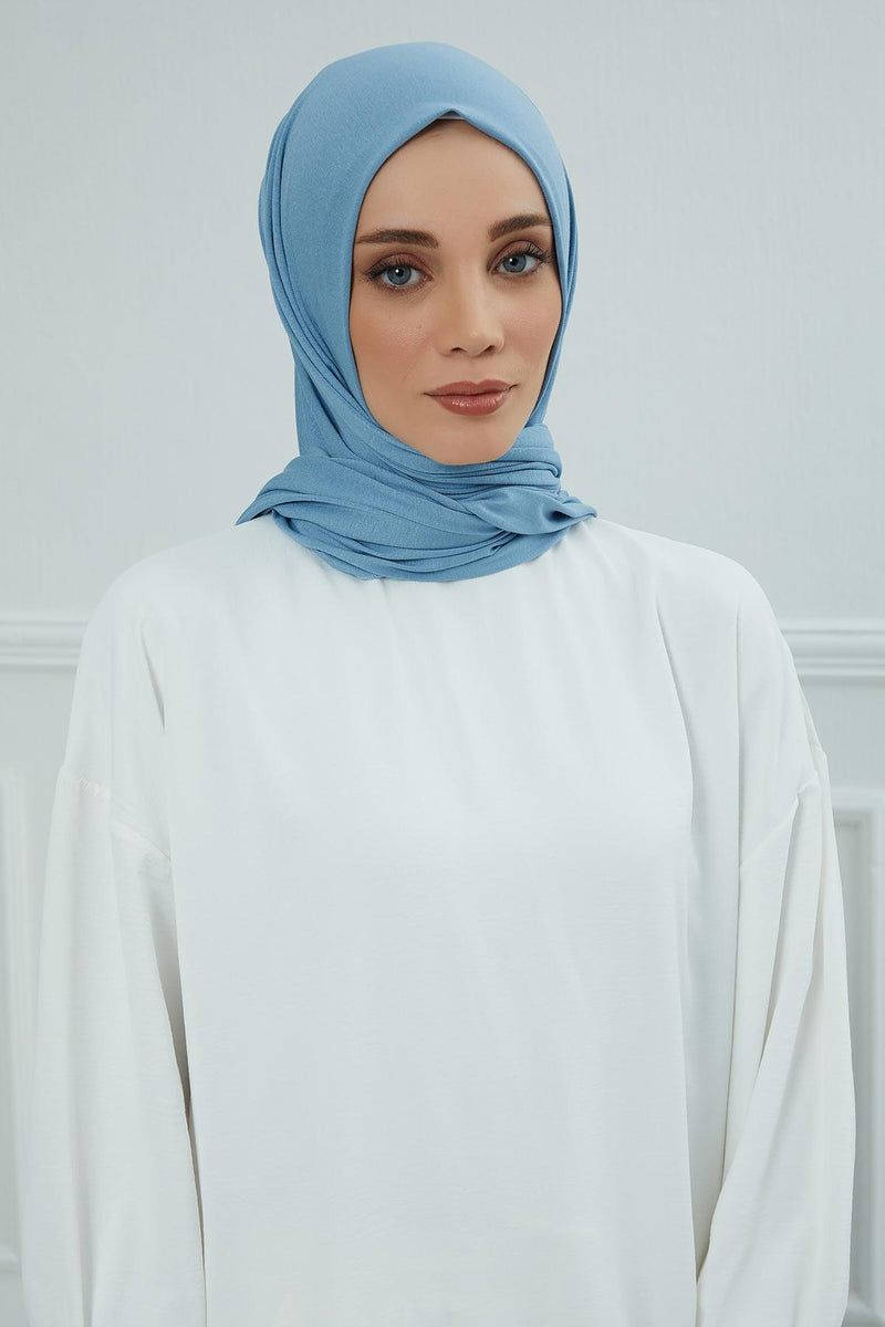 Jersey Cotton Shawl for Women Modesty, Head Wrap Turban, Cap Headwear Rectangle Combed Cotton Hijab,CTS-5 Blue