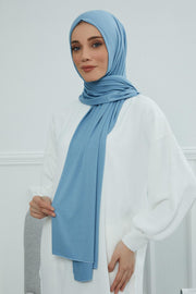 Jersey Cotton Shawl for Women Modesty, Head Wrap Turban, Cap Headwear Rectangle Combed Cotton Hijab,CTS-5 Blue