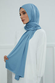 Jersey Cotton Shawl for Women Modesty, Head Wrap Turban, Cap Headwear Rectangle Combed Cotton Hijab,CTS-5 Blue