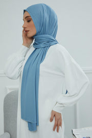 Jersey Cotton Shawl for Women Modesty, Head Wrap Turban, Cap Headwear Rectangle Combed Cotton Hijab,CTS-5 Blue