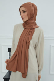 Jersey Cotton Shawl for Women Modesty, Head Wrap Turban, Cap Headwear Rectangle Combed Cotton Hijab,CTS-5 Caramel Brown