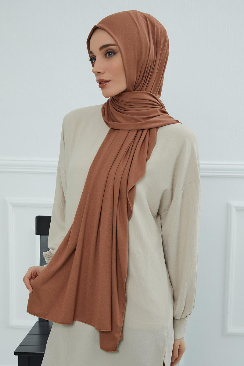 Jersey Cotton Shawl for Women Modesty, Head Wrap Turban, Cap Headwear Rectangle Combed Cotton Hijab,CTS-5 Caramel Brown