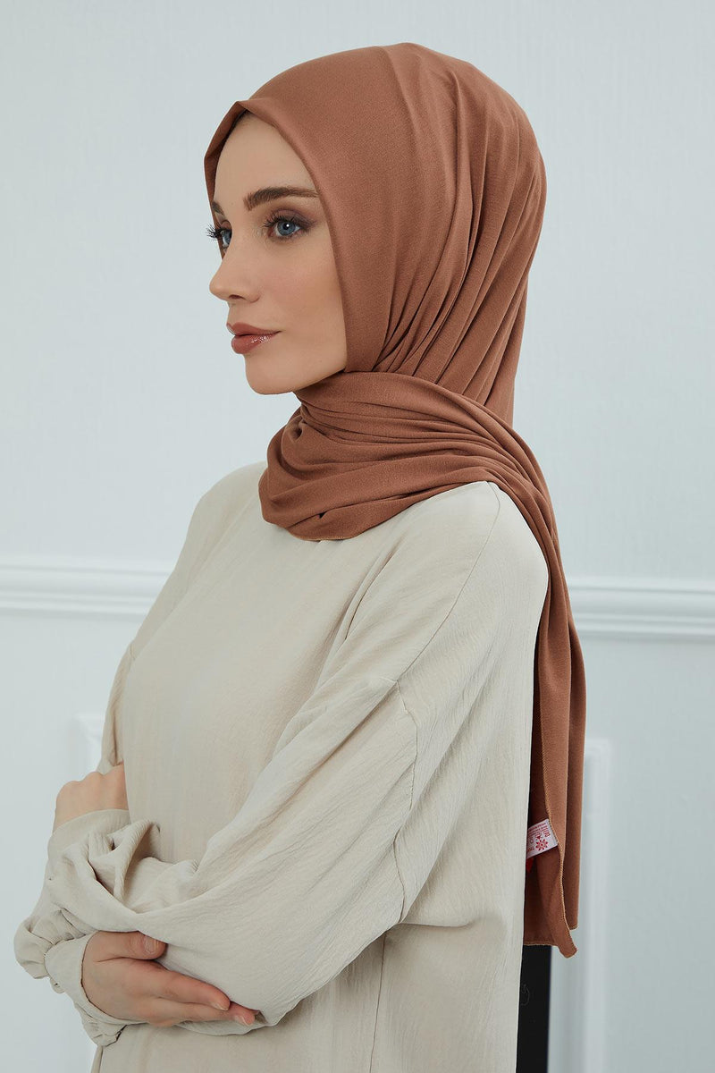 Jersey Cotton Shawl for Women Modesty, Head Wrap Turban, Cap Headwear Rectangle Combed Cotton Hijab,CTS-5 Caramel Brown