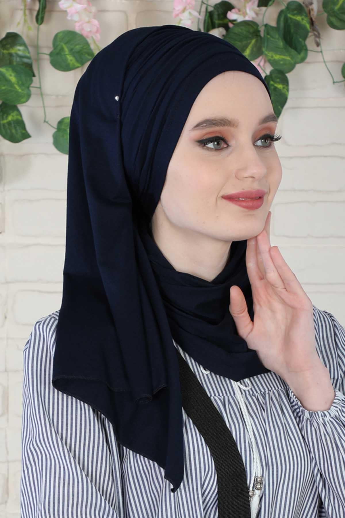 Premium Jersey Shawl Hijab for Women, Easy to Wear Cotton Headscarf, Lightweight and Breathable Instant Jersey Shawl, Mother's Day Gift,BT-1 Navy Blue