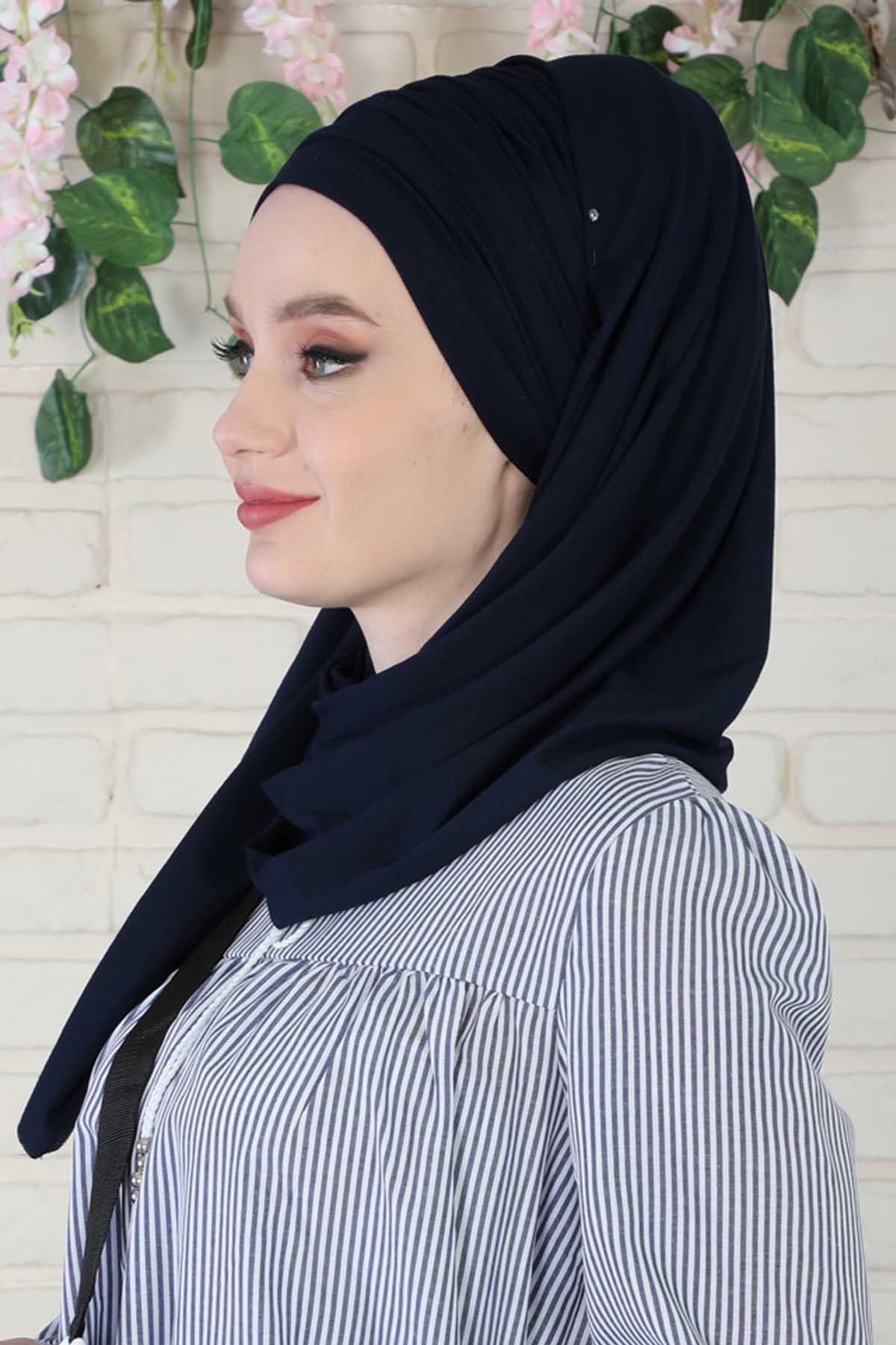 Premium Jersey Shawl Hijab for Women, Easy to Wear Cotton Headscarf, Lightweight and Breathable Instant Jersey Shawl, Mother's Day Gift,BT-1 Navy Blue