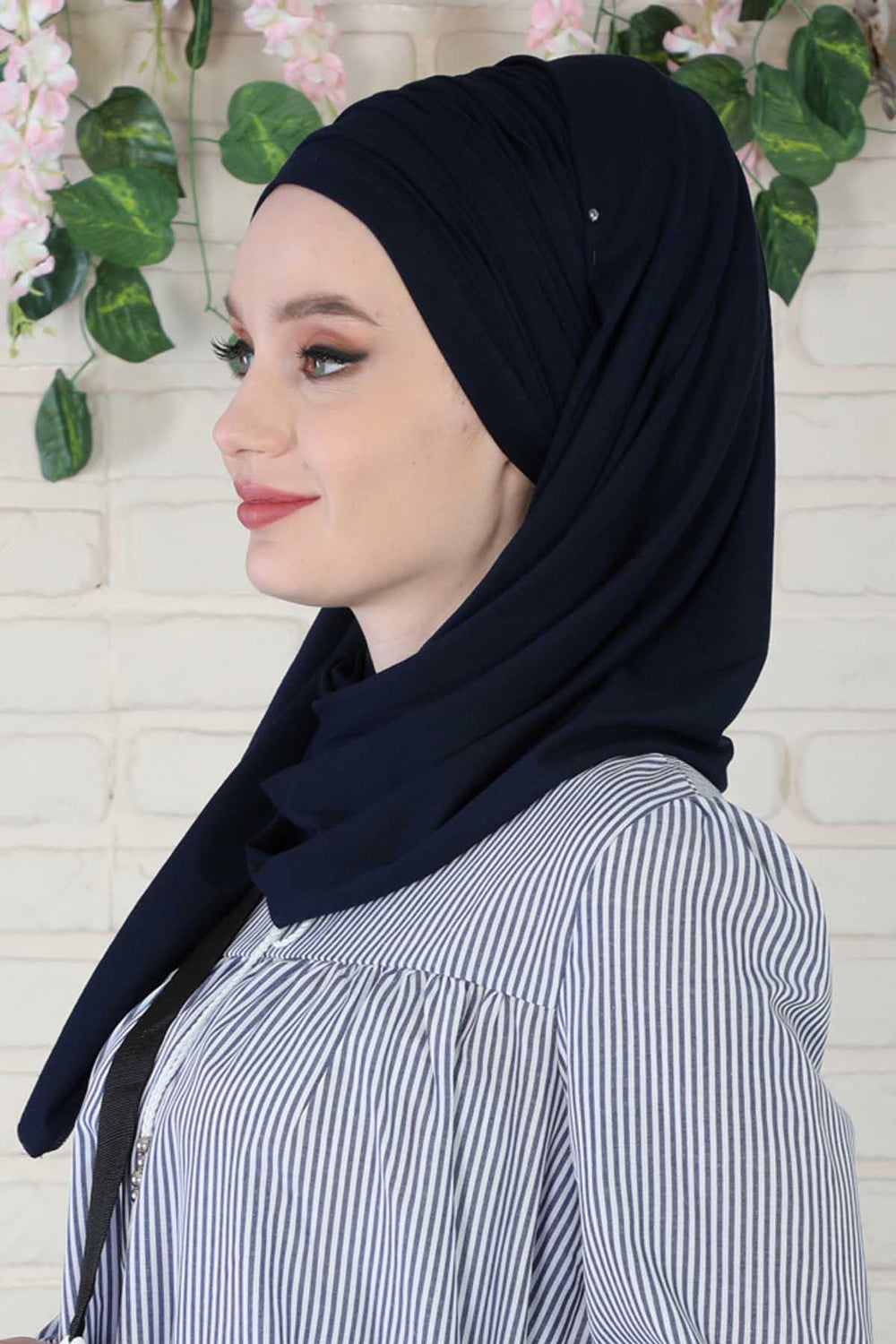 Premium Jersey Shawl Hijab for Women, Easy to Wear Cotton Headscarf, Lightweight and Breathable Instant Jersey Shawl, Mother's Day Gift,BT-1 Navy Blue