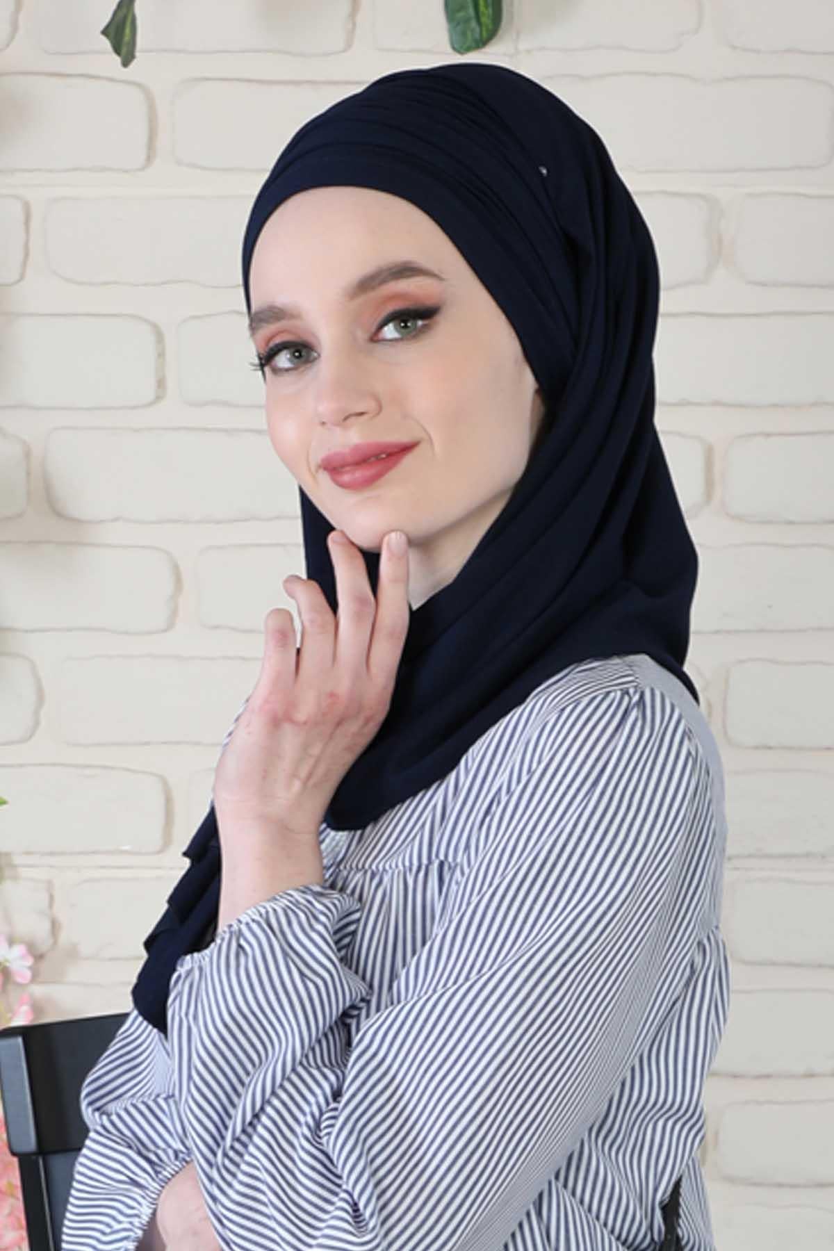 Premium Jersey Shawl Hijab for Women, Easy to Wear Cotton Headscarf, Lightweight and Breathable Instant Jersey Shawl, Mother's Day Gift,BT-1 Navy Blue