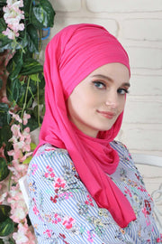 Jersey Shawl for Women 95% Cotton Bonnet Modesty Turban Cap Wrap Instant Scarf,BT-1 Fuchsia