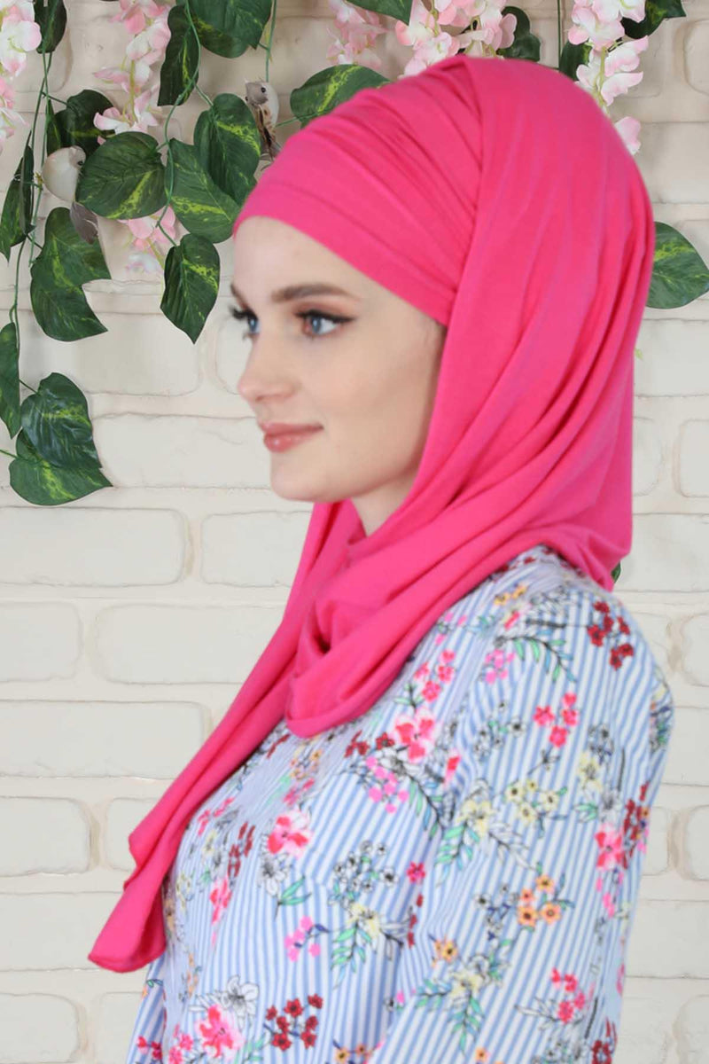 Jersey Shawl for Women 95% Cotton Bonnet Modesty Turban Cap Wrap Instant Scarf,BT-1 Fuchsia