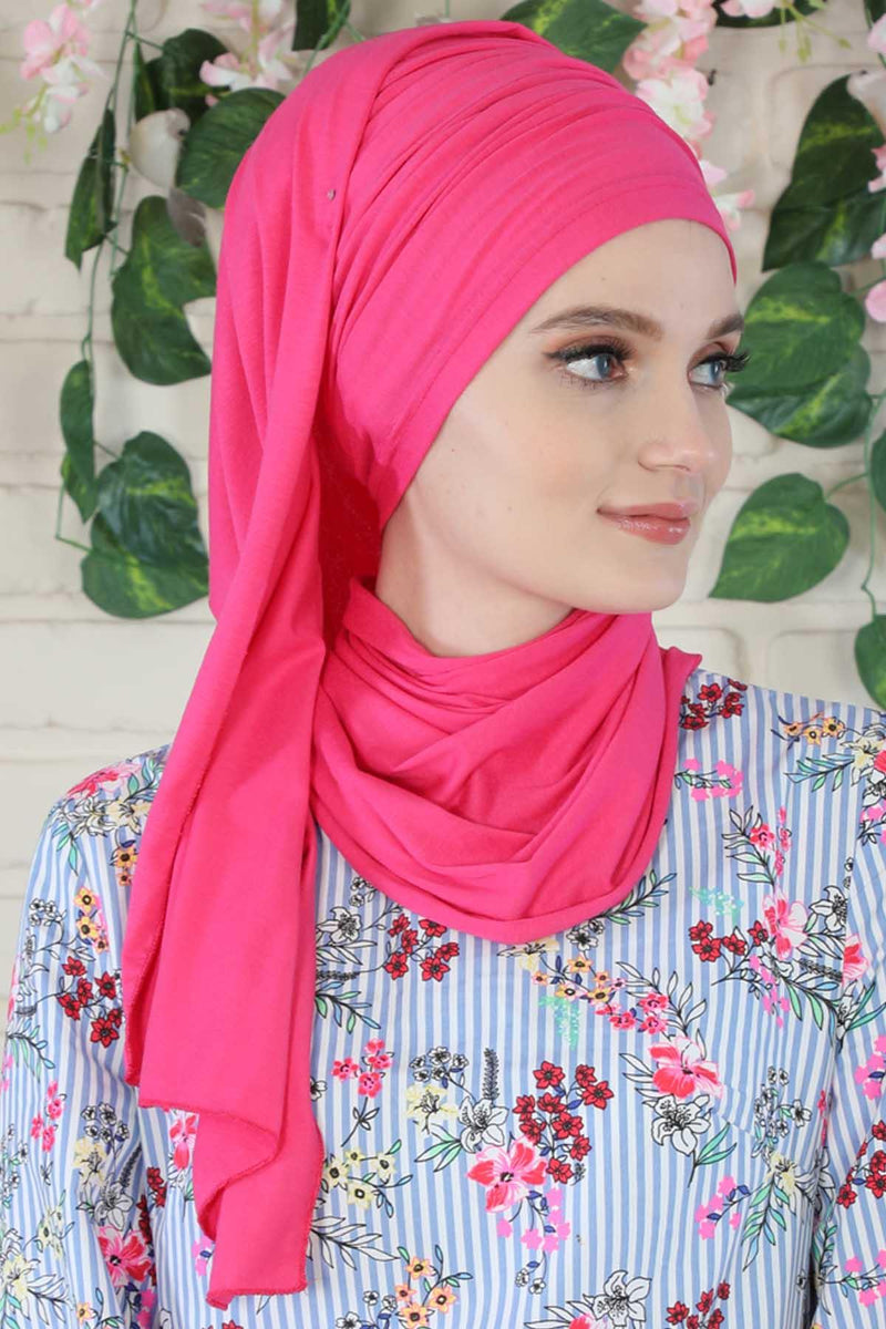 Jersey Shawl for Women 95% Cotton Bonnet Modesty Turban Cap Wrap Instant Scarf,BT-1 Fuchsia