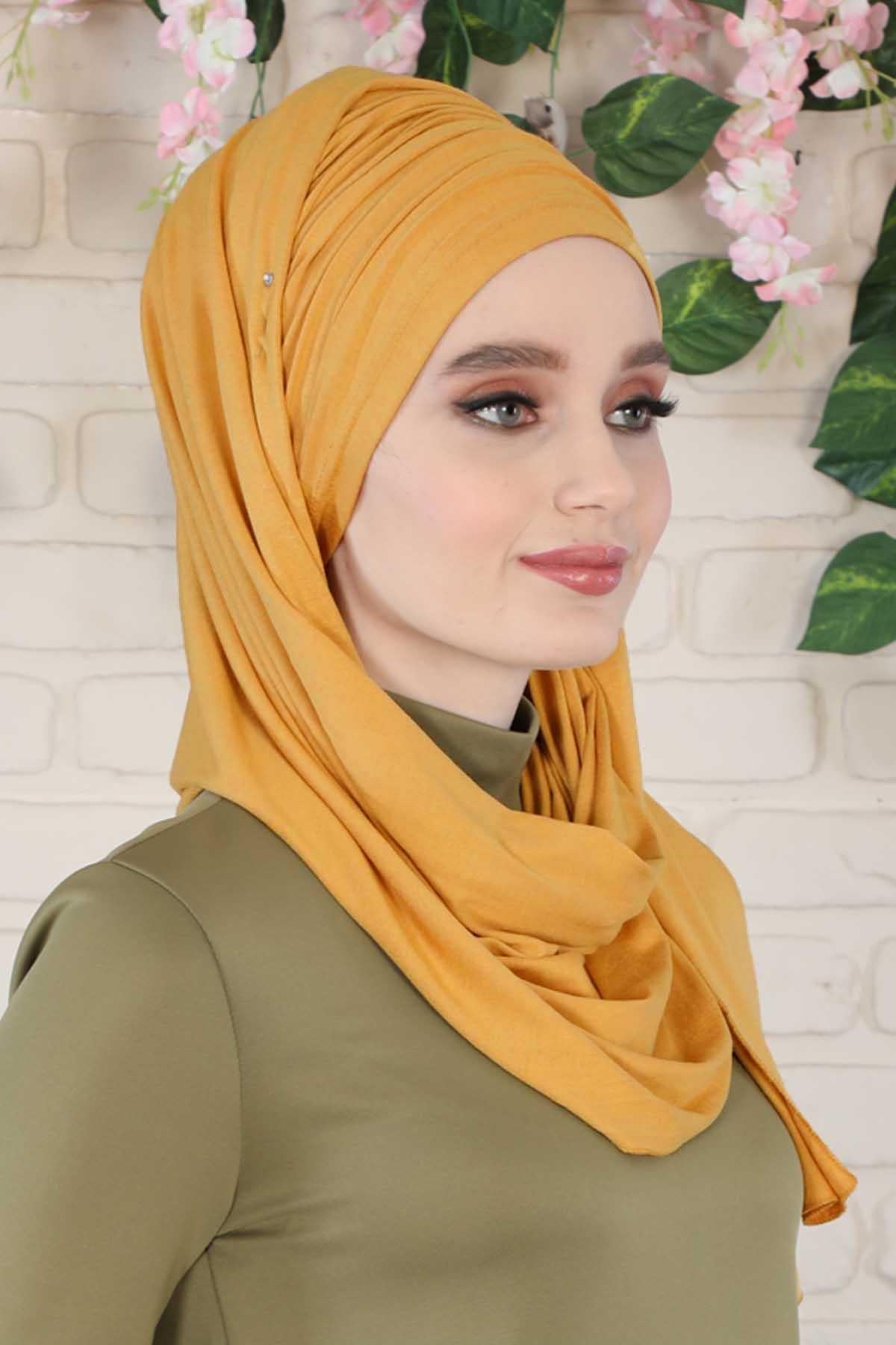 Premium Jersey Shawl Hijab for Women, Easy to Wear Cotton Headscarf, Lightweight and Breathable Instant Jersey Shawl, Mother's Day Gift,BT-1 Mustard Yellow