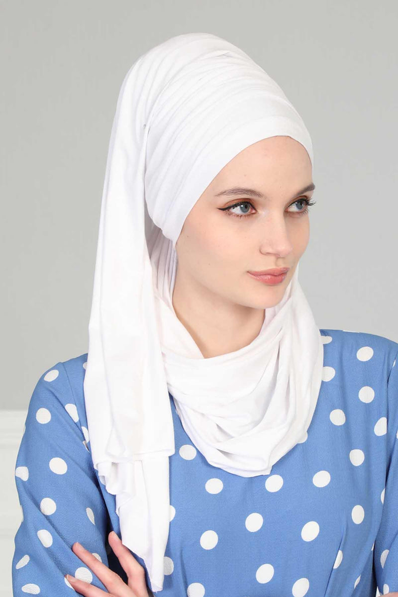 Jersey Shawl for Women 95% Cotton Bonnet Modesty Turban Cap Wrap Instant Scarf,BT-1 White