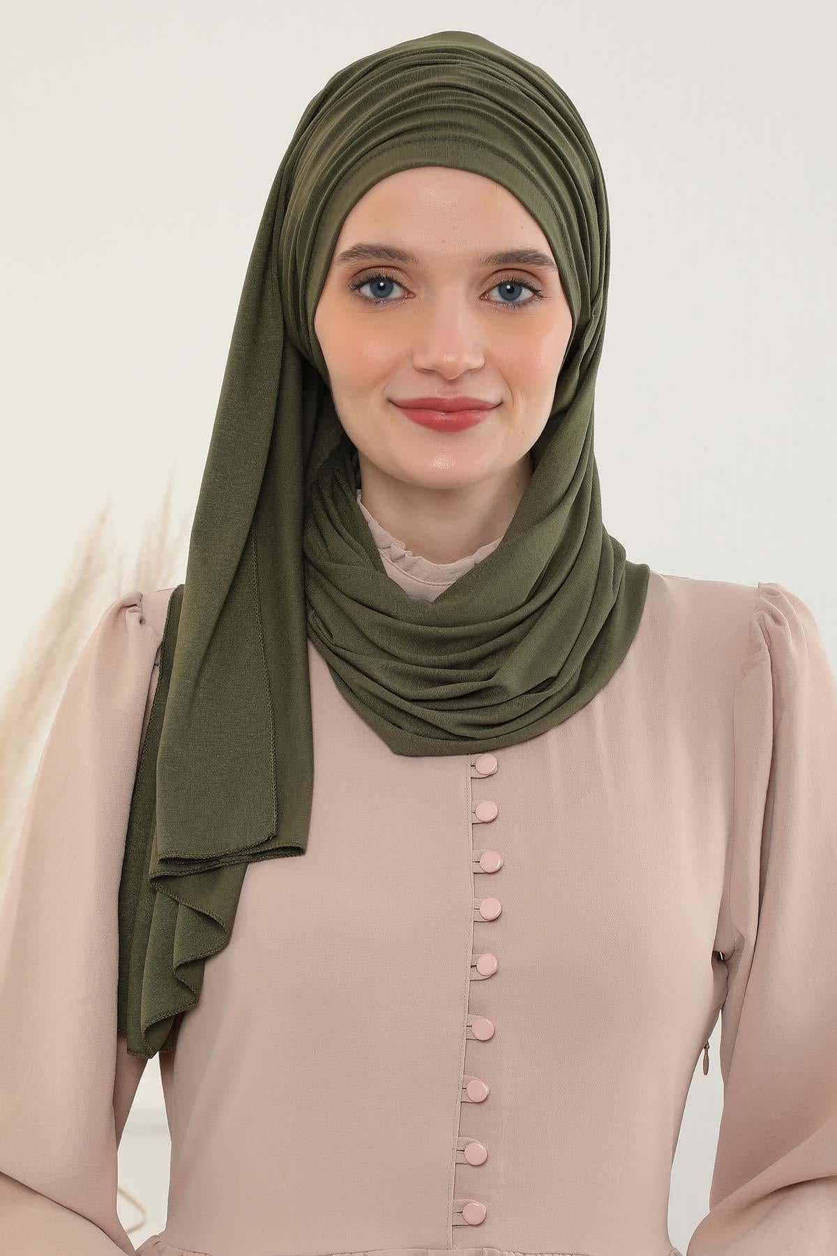 Premium Jersey Shawl Hijab for Women, Easy to Wear Cotton Headscarf, Lightweight and Breathable Instant Jersey Shawl, Mother's Day Gift,BT-1 Army Green