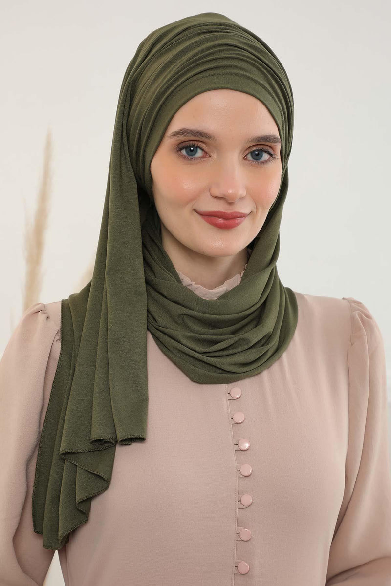 Jersey Shawl for Women 95% Cotton Bonnet Modesty Turban Cap Wrap Instant Scarf,BT-1 Army Green
