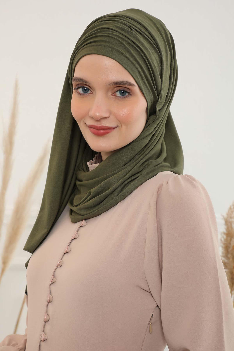Jersey Shawl for Women 95% Cotton Bonnet Modesty Turban Cap Wrap Instant Scarf,BT-1 Army Green