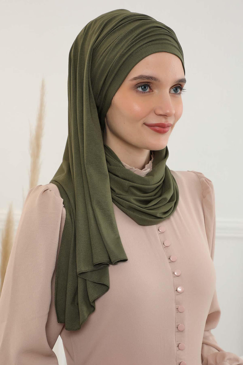 Jersey Shawl for Women 95% Cotton Bonnet Modesty Turban Cap Wrap Instant Scarf,BT-1 Army Green