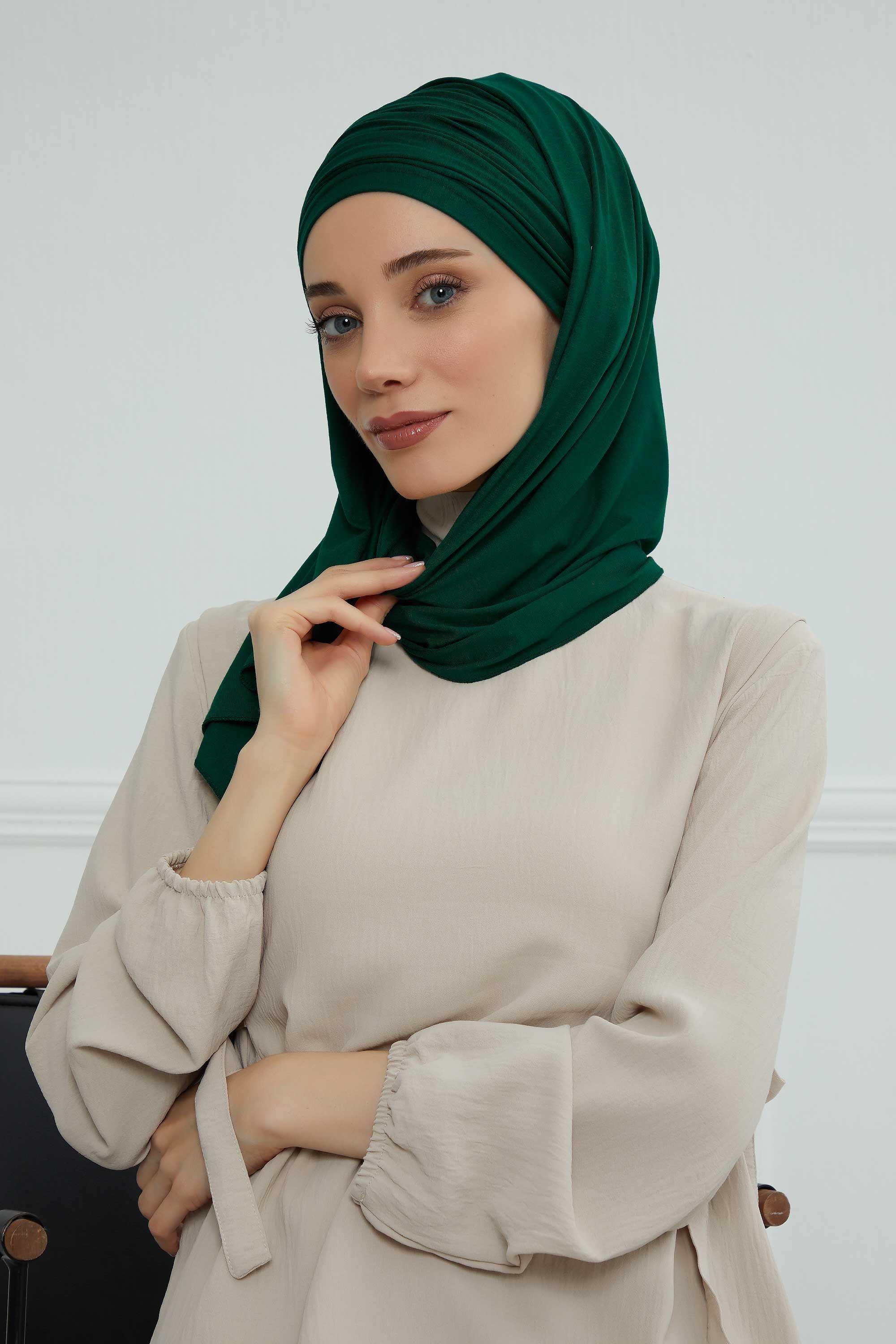 Premium Jersey Shawl Hijab for Women, Easy to Wear Cotton Headscarf, Lightweight and Breathable Instant Jersey Shawl, Mother's Day Gift,BT-1 Green