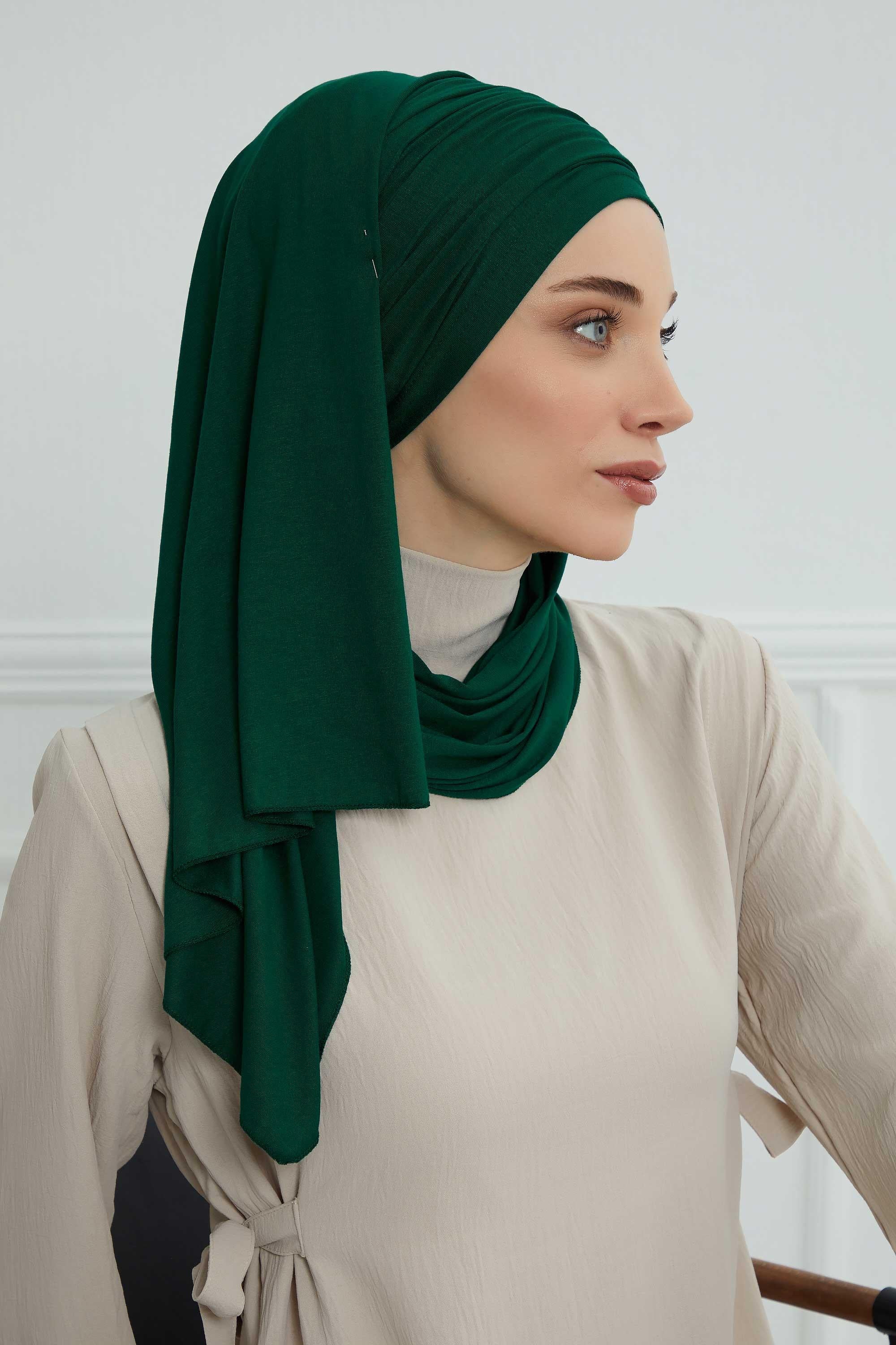 Premium Jersey Shawl Hijab for Women, Easy to Wear Cotton Headscarf, Lightweight and Breathable Instant Jersey Shawl, Mother's Day Gift,BT-1 Green