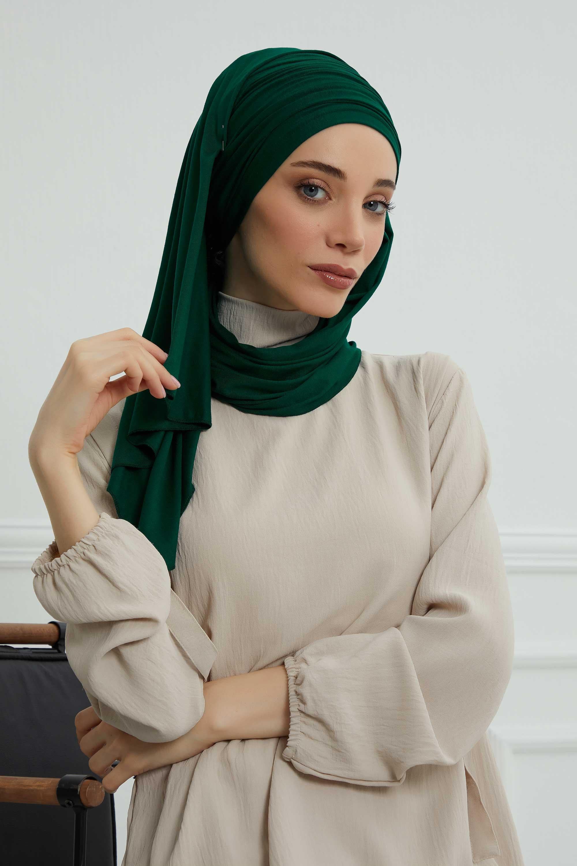 Premium Jersey Shawl Hijab for Women, Easy to Wear Cotton Headscarf, Lightweight and Breathable Instant Jersey Shawl, Mother's Day Gift,BT-1 Green