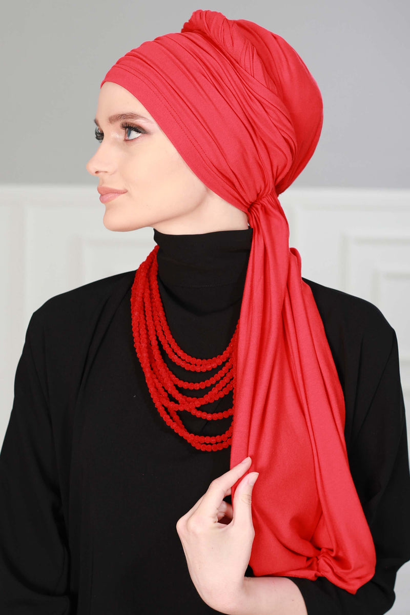 Jersey Shawl for Women 95% Cotton Bonnet Modesty Turban Cap Wrap Instant Scarf,BT-1 Red