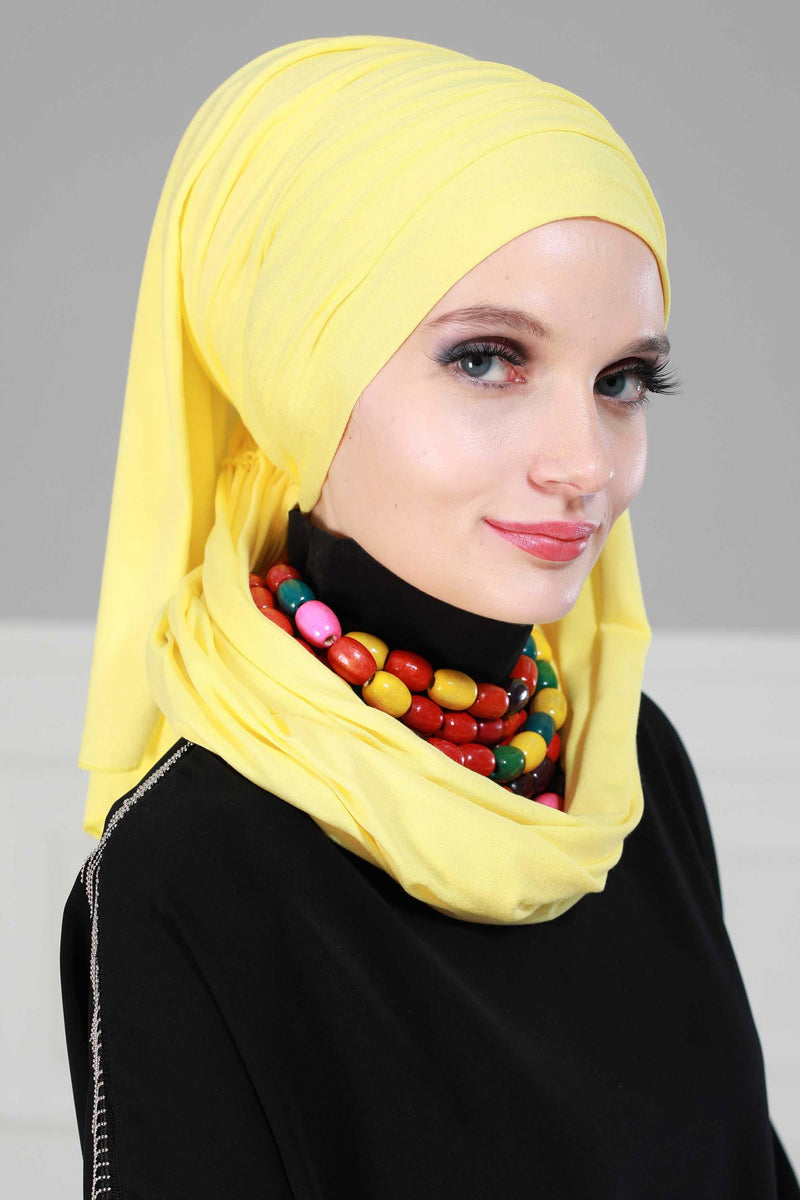 Jersey Shawl for Women 95% Cotton Bonnet Modesty Turban Cap Wrap Instant Scarf,BT-1 Yellow