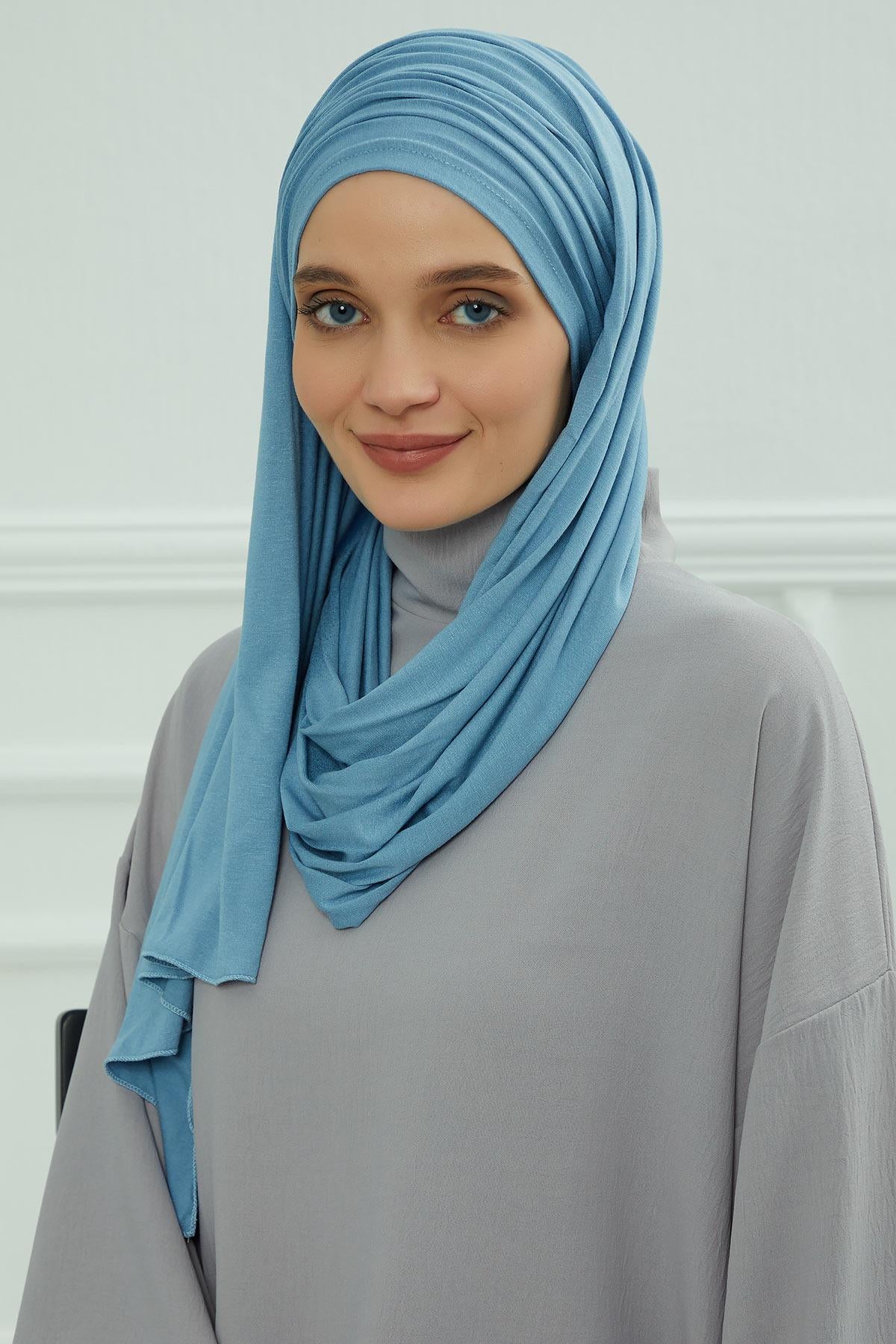 Premium Jersey Shawl Hijab for Women, Easy to Wear Cotton Headscarf, Lightweight and Breathable Instant Jersey Shawl, Mother's Day Gift,BT-1 Blue
