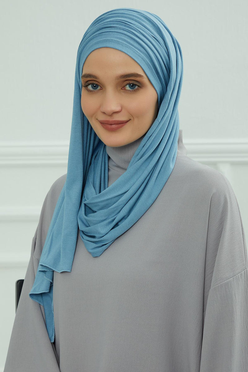 Jersey Shawl for Women 95% Cotton Bonnet Modesty Turban Cap Wrap Instant Scarf,BT-1 Blue
