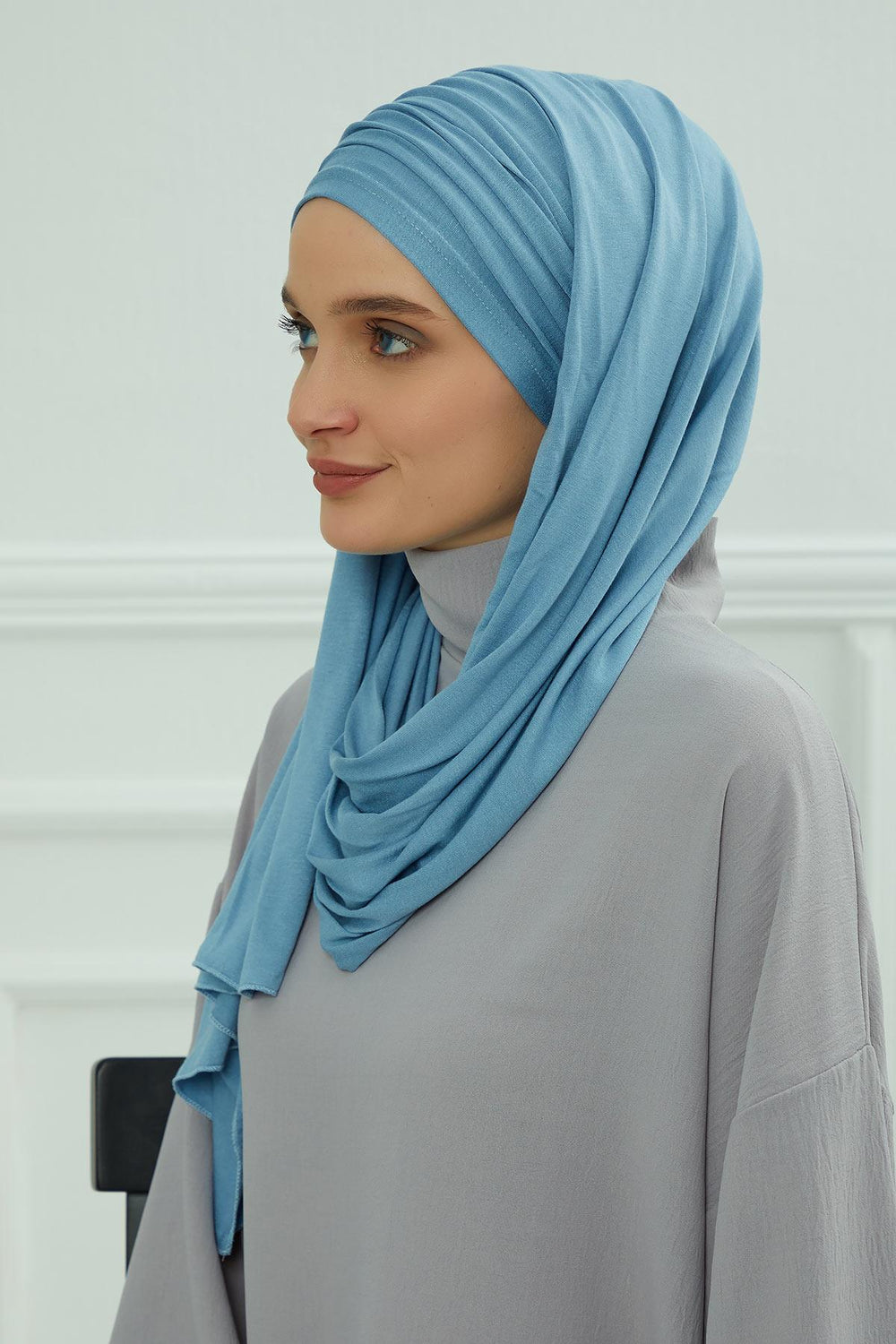 Premium Jersey Shawl Hijab for Women, Easy to Wear Cotton Headscarf, Lightweight and Breathable Instant Jersey Shawl, Mother's Day Gift,BT-1 Blue