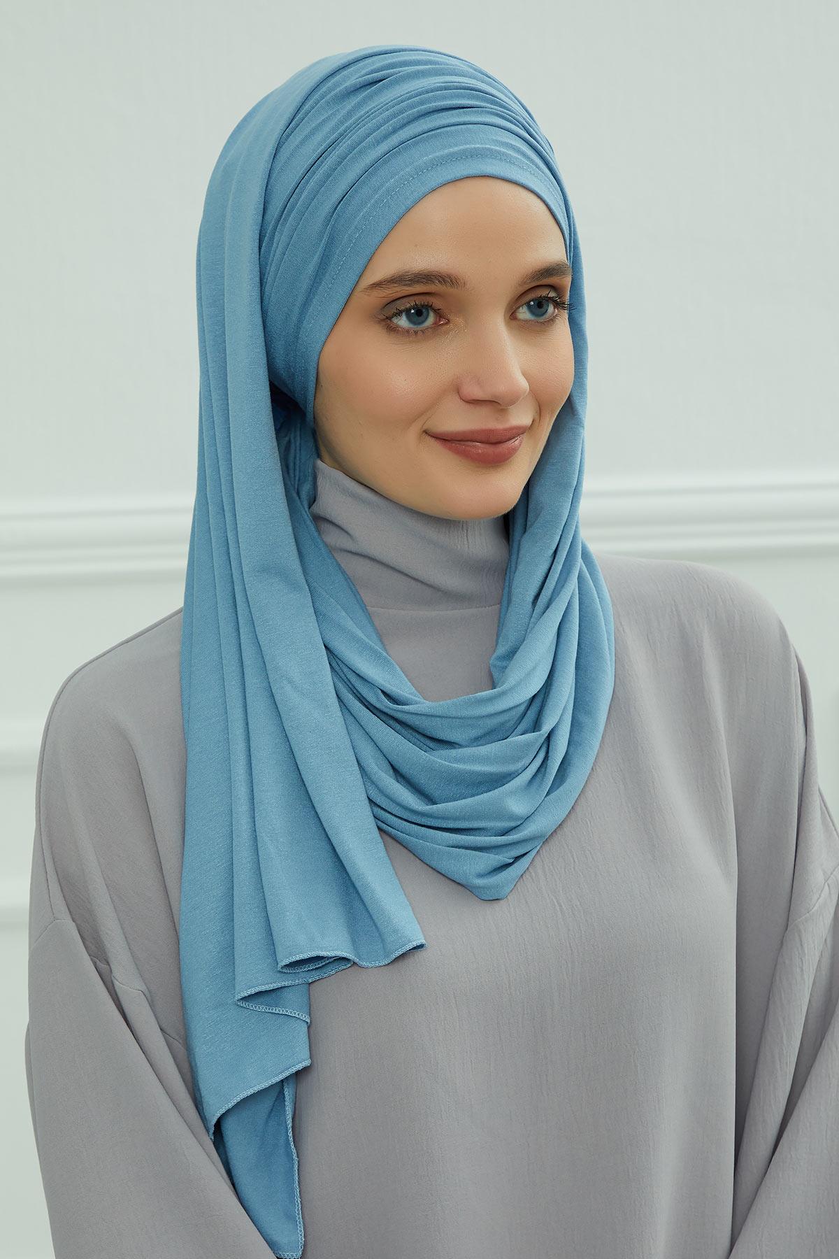 Premium Jersey Shawl Hijab for Women, Easy to Wear Cotton Headscarf, Lightweight and Breathable Instant Jersey Shawl, Mother's Day Gift,BT-1 Blue