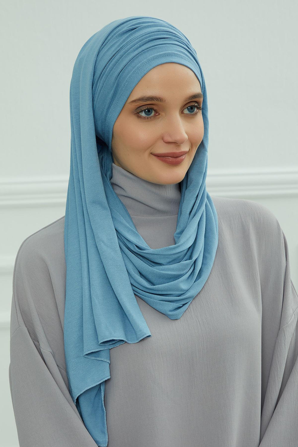 Premium Jersey Shawl Hijab for Women, Easy to Wear Cotton Headscarf, Lightweight and Breathable Instant Jersey Shawl, Mother's Day Gift,BT-1 Blue
