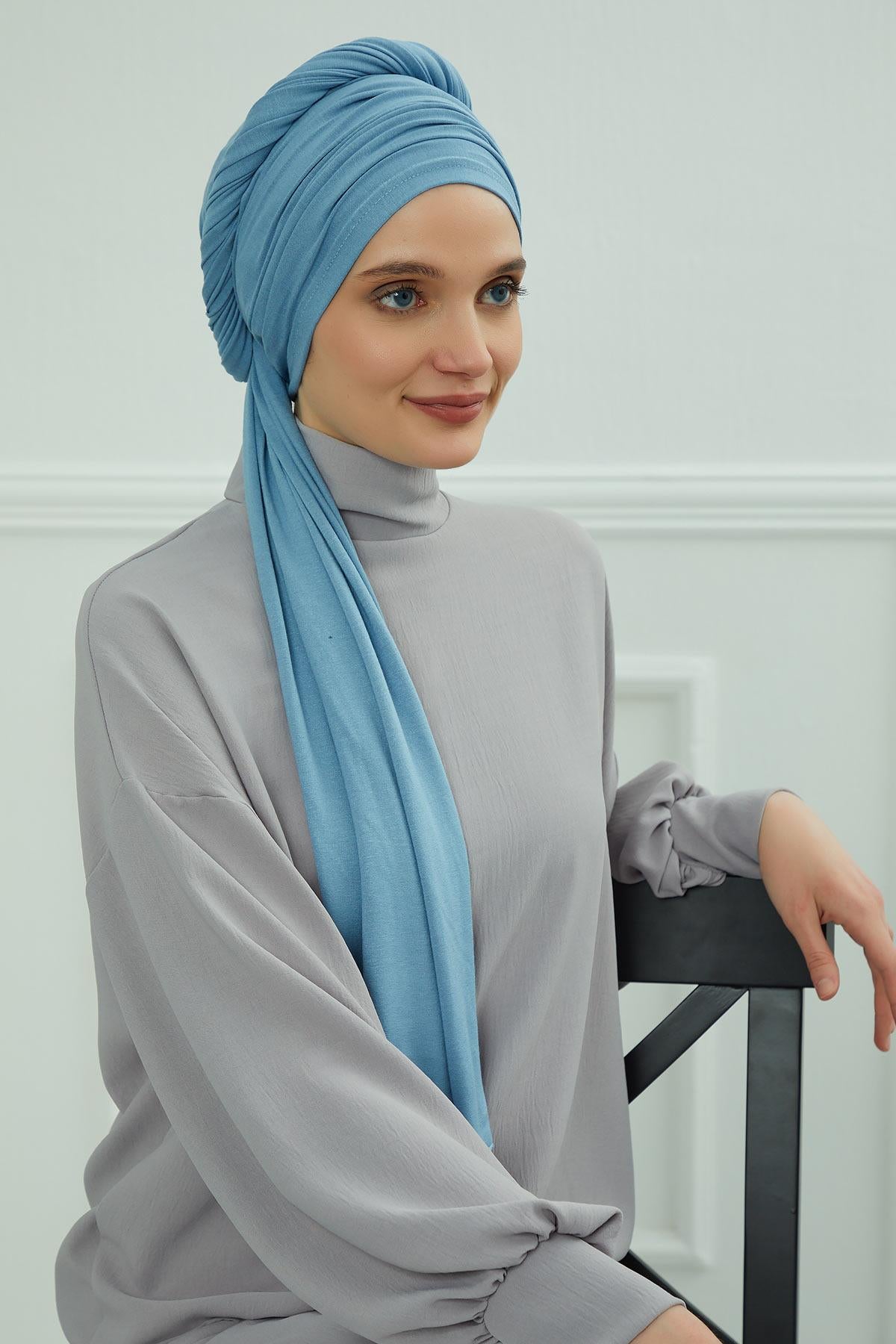 Premium Jersey Shawl Hijab for Women, Easy to Wear Cotton Headscarf, Lightweight and Breathable Instant Jersey Shawl, Mother's Day Gift,BT-1 Blue