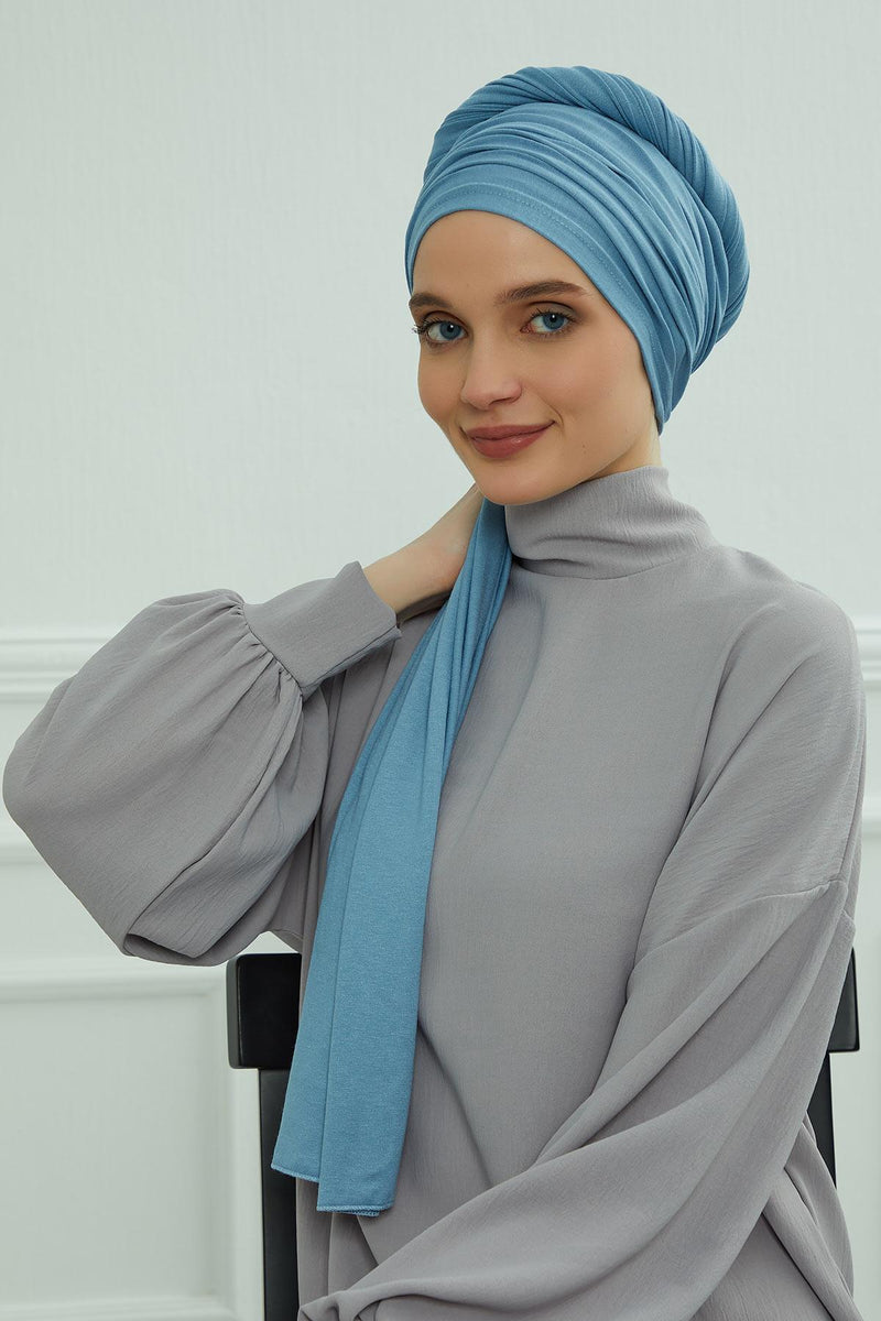 Jersey Shawl for Women 95% Cotton Bonnet Modesty Turban Cap Wrap Instant Scarf,BT-1 Blue