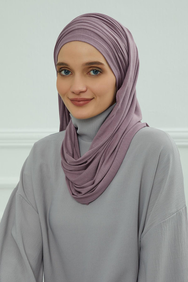 Jersey Shawl for Women 95% Cotton Bonnet Modesty Turban Cap Wrap Instant Scarf,BT-1 Lilac