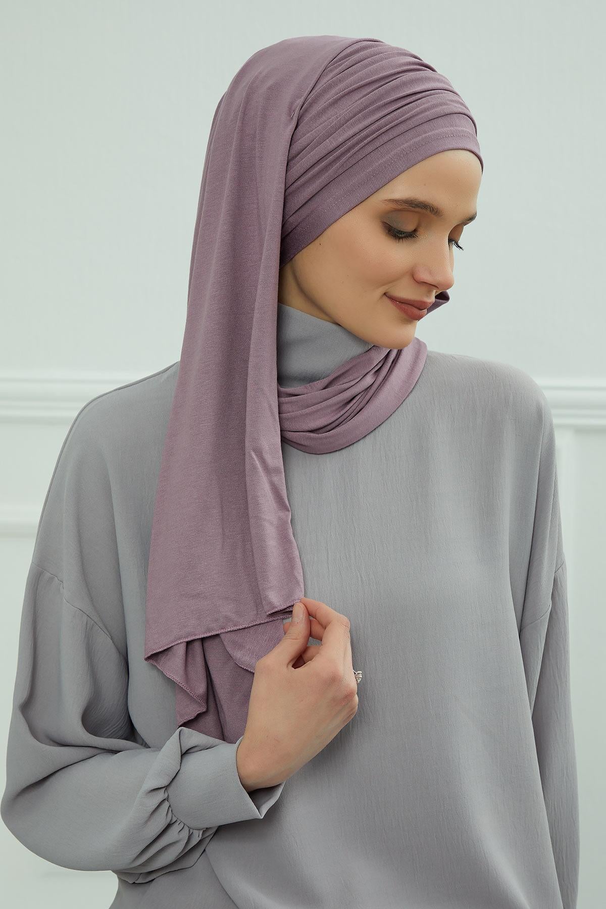 Premium Jersey Shawl Hijab for Women, Easy to Wear Cotton Headscarf, Lightweight and Breathable Instant Jersey Shawl, Mother's Day Gift,BT-1 Lilac