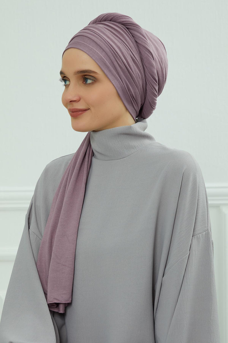 Jersey Shawl for Women 95% Cotton Bonnet Modesty Turban Cap Wrap Instant Scarf,BT-1 Lilac