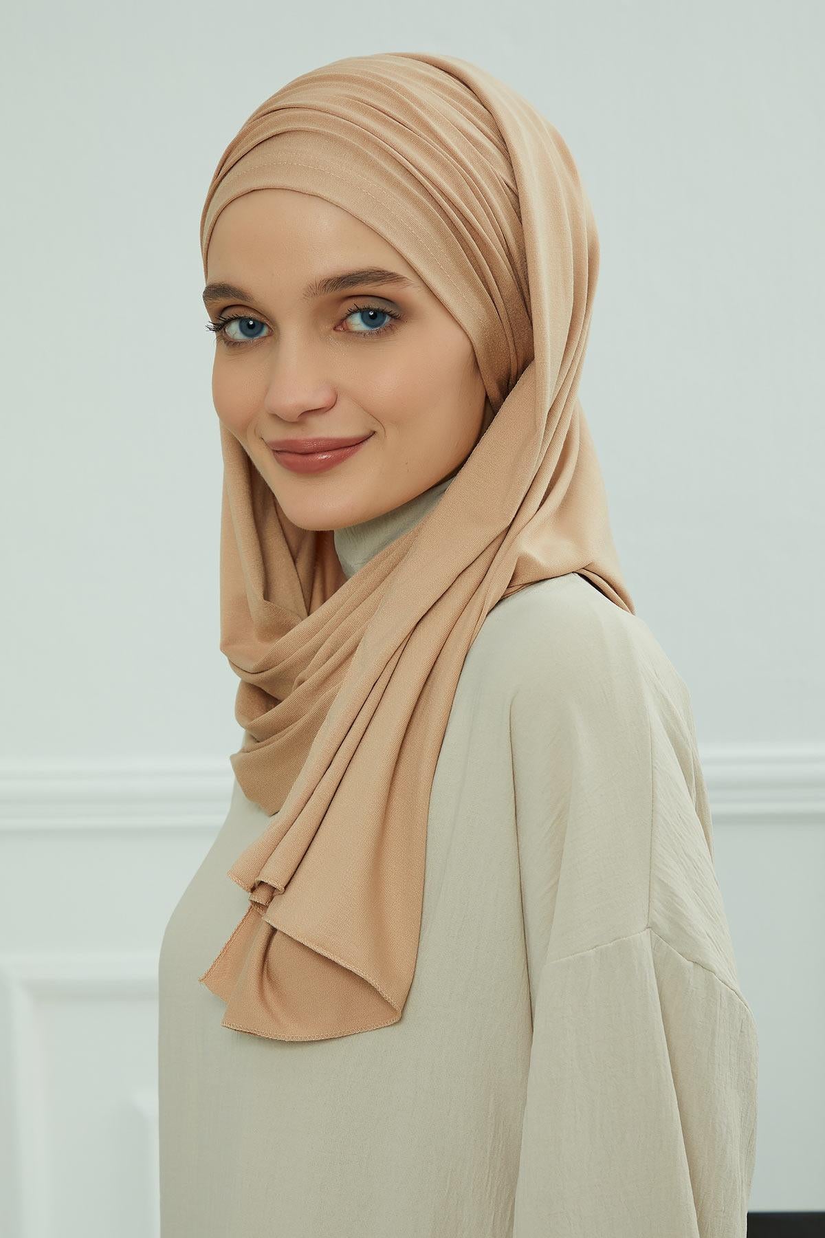 Premium Jersey Shawl Hijab for Women, Easy to Wear Cotton Headscarf, Lightweight and Breathable Instant Jersey Shawl, Mother's Day Gift,BT-1 Sand Brown