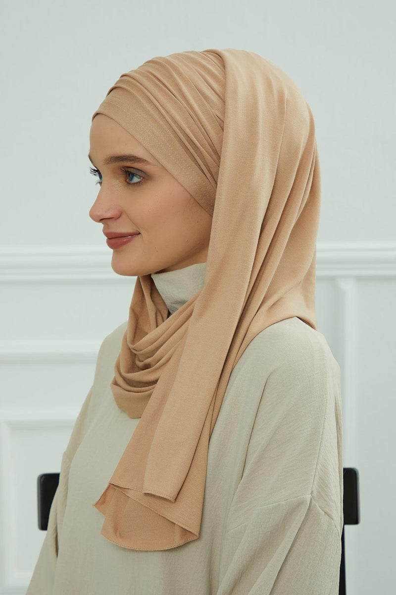 Jersey Shawl for Women 95% Cotton Bonnet Modesty Turban Cap Wrap Instant Scarf,BT-1 Sand Brown