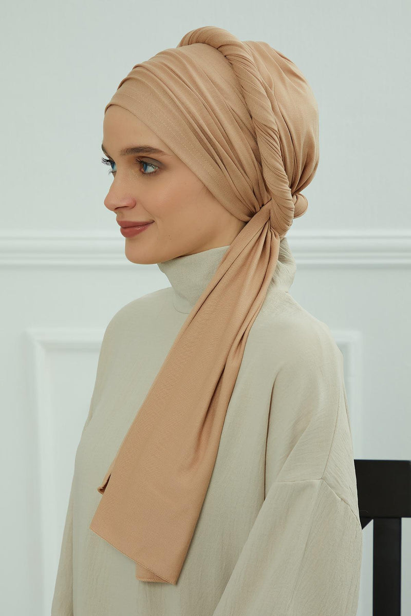 Jersey Shawl for Women 95% Cotton Bonnet Modesty Turban Cap Wrap Instant Scarf,BT-1 Sand Brown